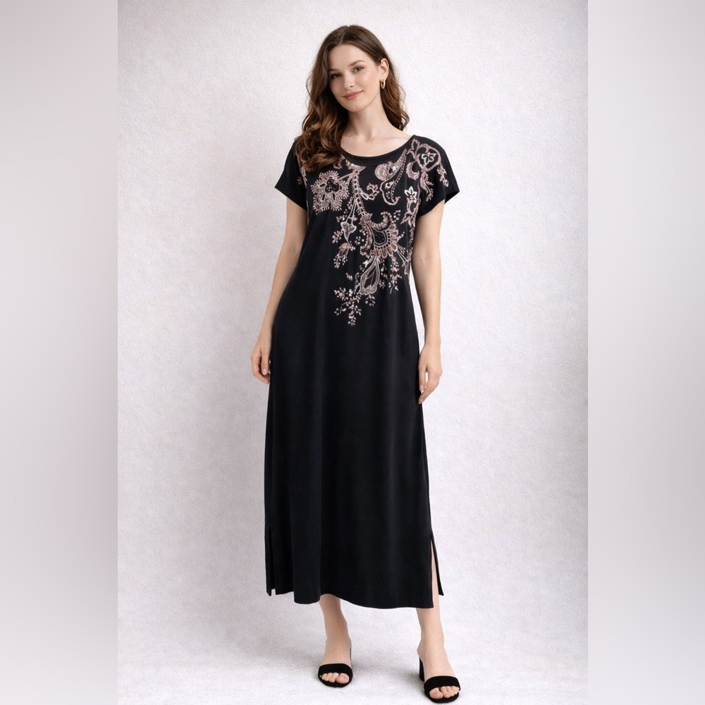 J.jill Cap Sleeve Floral Embroidered Blue cotton Maxi Midi Dress Sz M NWT